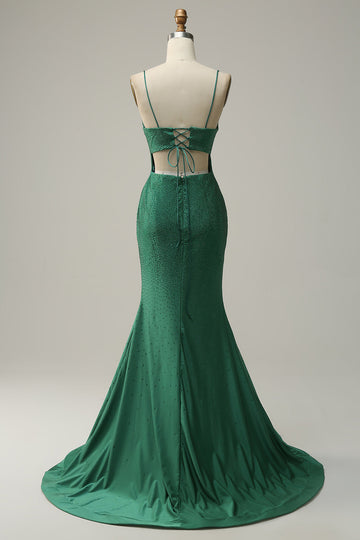 Mermaid Spaghetti Straps Dark Green Long Ball Dress with Beading